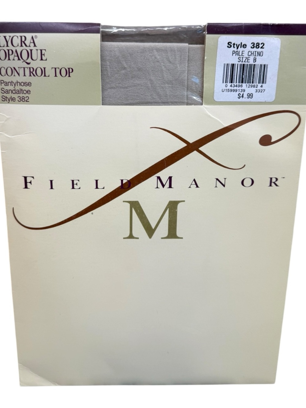 1992 Field Manor Lycra Opaque Control Top Pantyhose Style 382 Pale Chino Size B